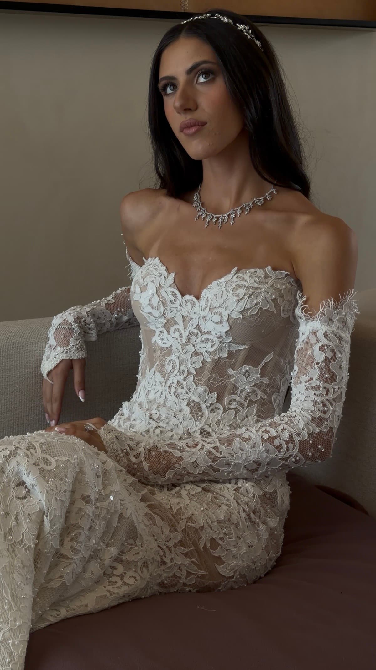 Bride in lace gown — bridal portrait content